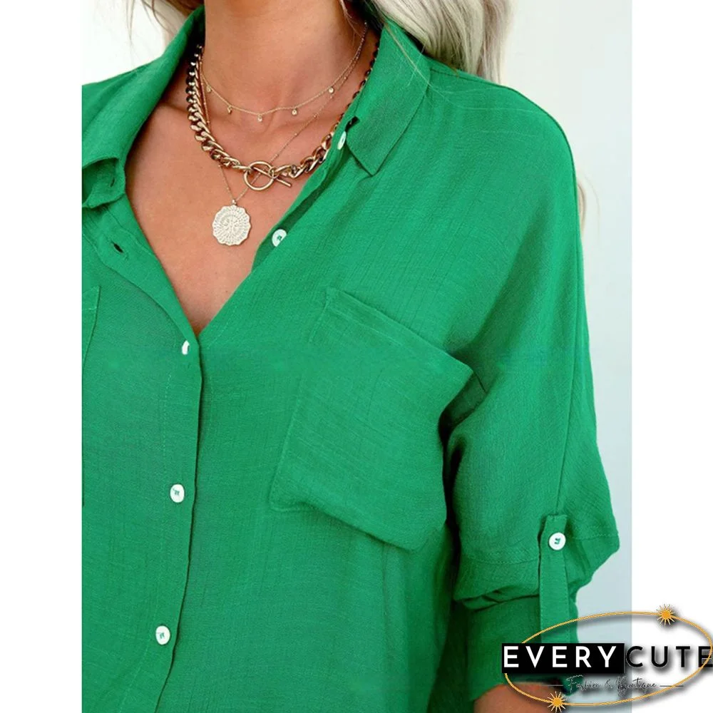 Green Lapel Collar Pocket Button Shirt
