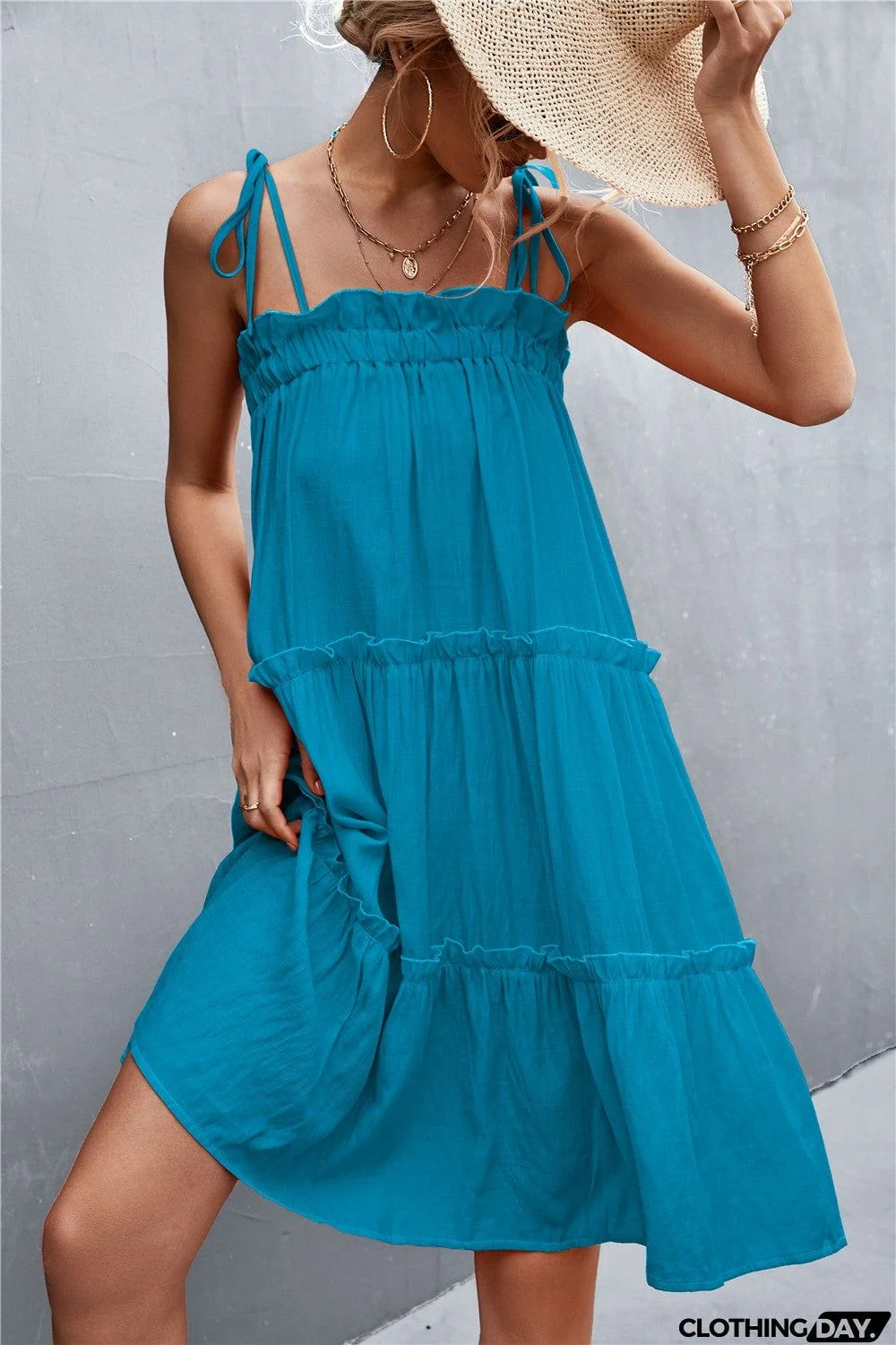 Tie-Shoulder Frill Trim Sleeveless Dress