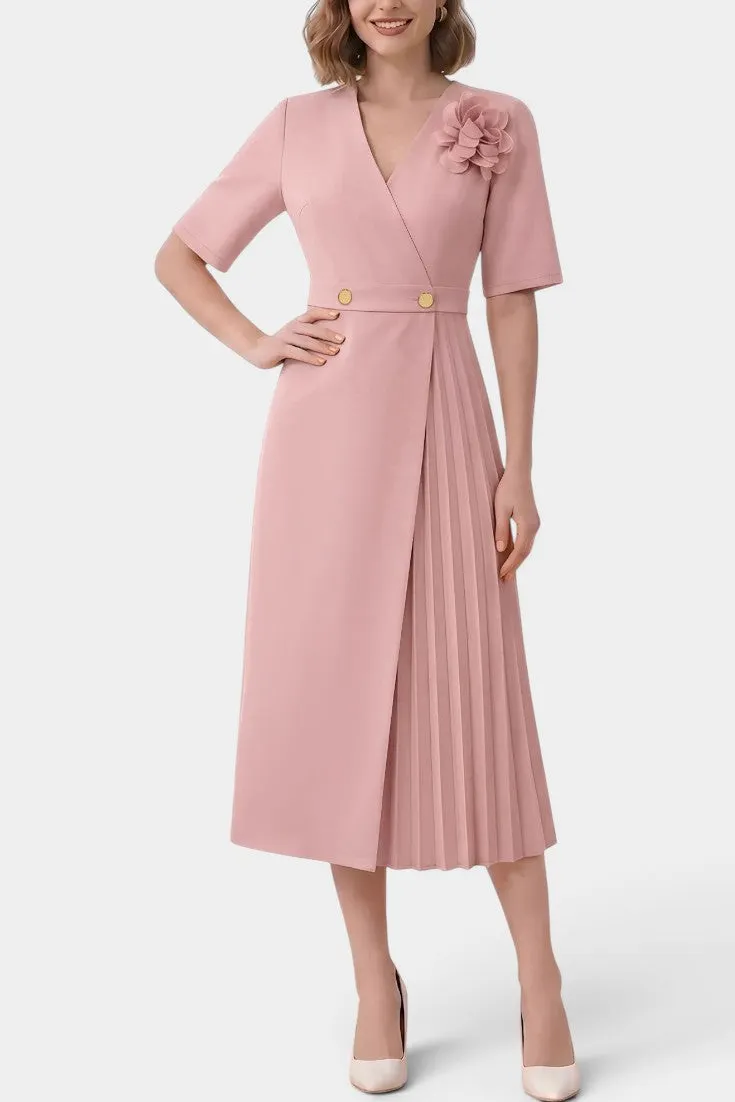 Wrap Midi Dress with Pleated Skirt and Shoulder Flower