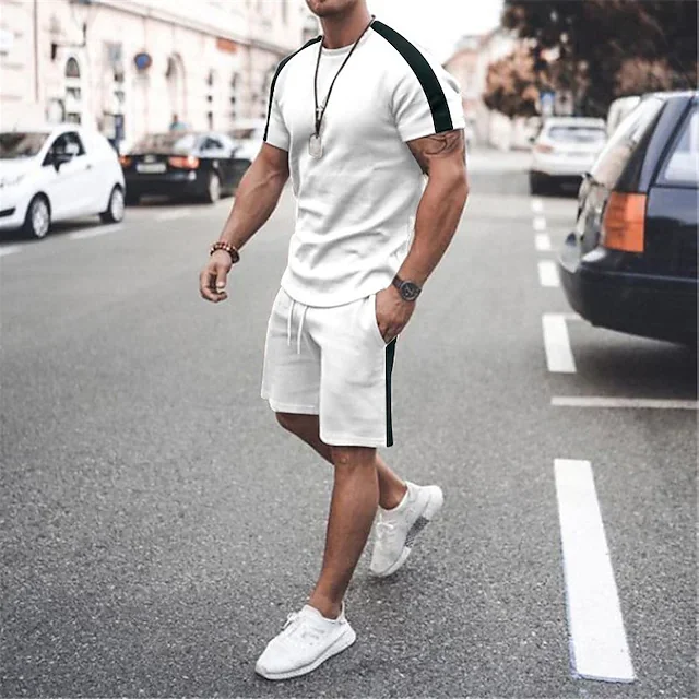 Men's T-shirt Suits Set Geometry Muscle Round Neck Street Sports Patchwork Short Sleeves Tops 2pcs Sportswear Comfortable Sports Black
