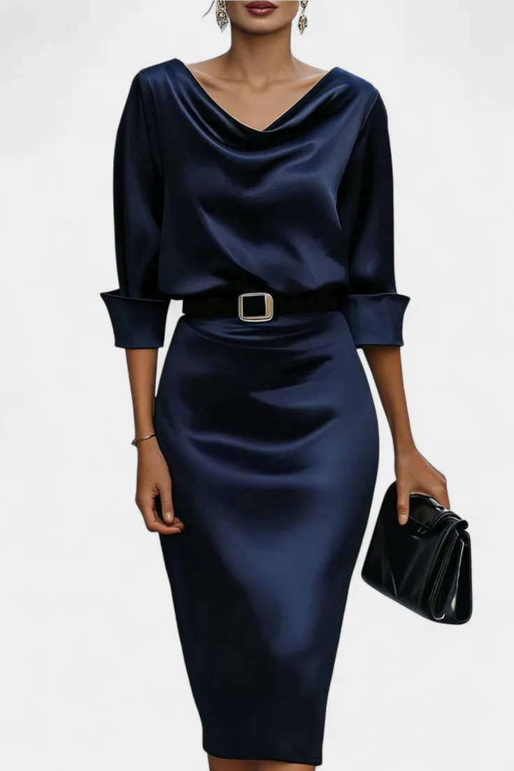 Cowl Neck Satin Midi Dress with Belt Accent