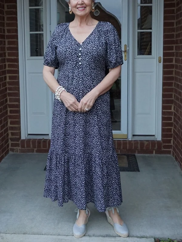 V-Neck Printed Buttons Midi Dress