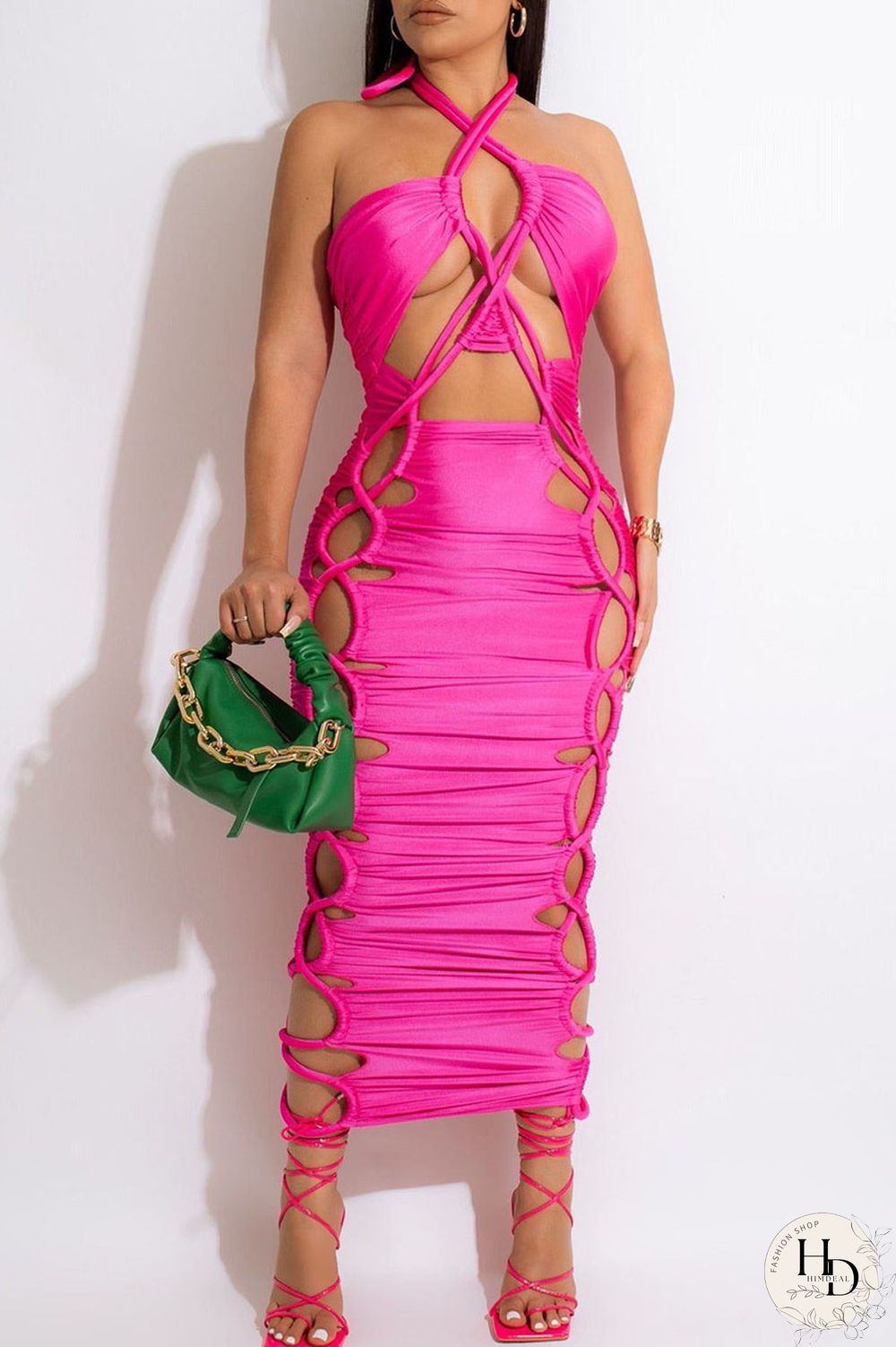 Apricot Sexy Solid Bandage Hollowed Out Split Joint Halter One Step Skirt Dresses