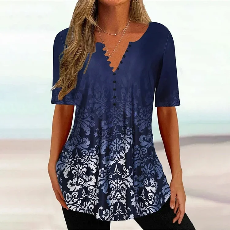 Gradient Flower Print V Neck Button Short Sleeve T-Shirt