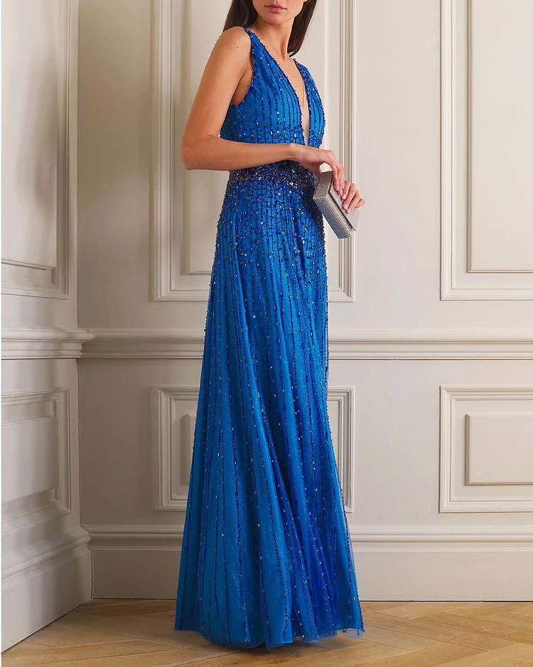 Sequined V Neck Dress Gown