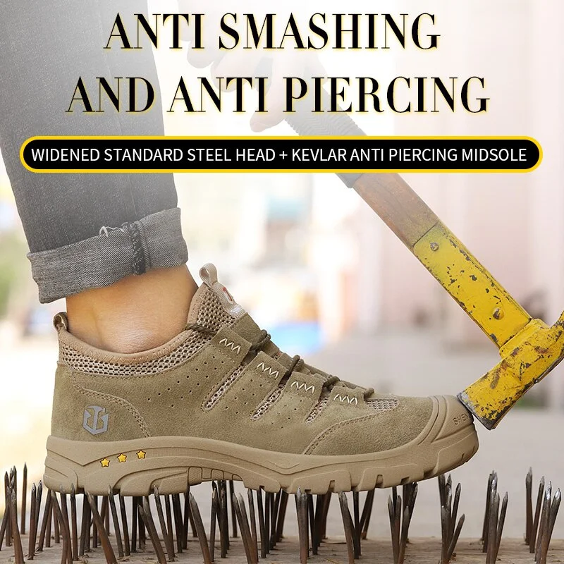 Men Work Safety Shoes Steel Toe Cap Durable Light Boot Rubber Bottom Stab Resistant Shoe Suede Leather Upper Comfotable Sneakers