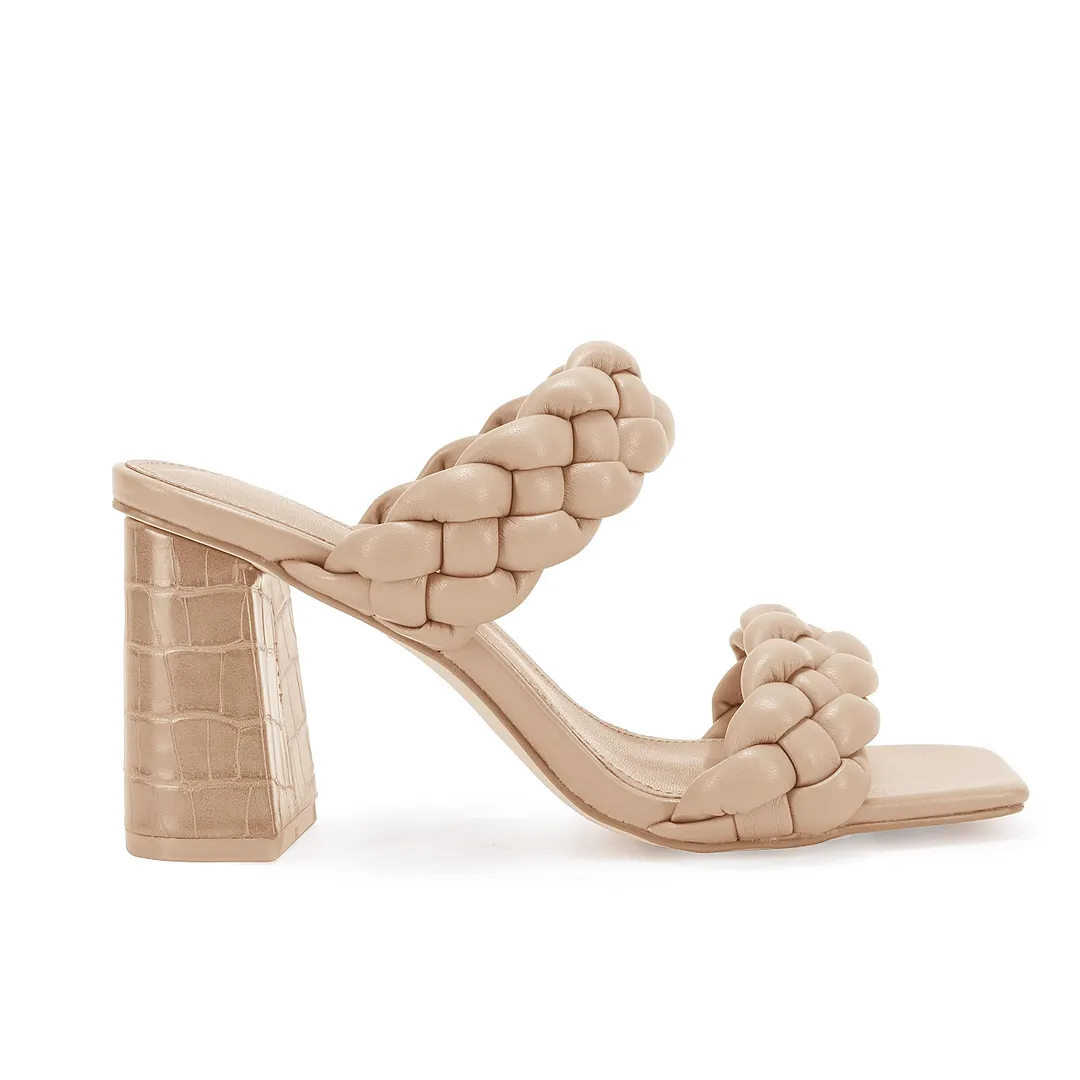 Women's Backless Square Open Toe Block Strappy Braided Heeled Sandals Light Color-vocosishoes