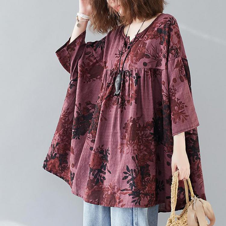 Loose Plus Size V-neck Batwing Sleeve All-match Pullover Print Shirt