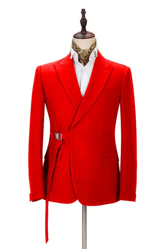 Simple Peak Lapel Slim Fit Bright Red Summer Wedding Suit Buckle Button | Ballbellas Ballbellas