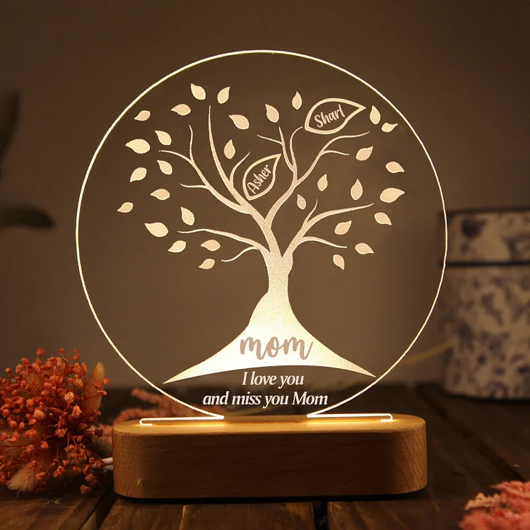 Personalized Family Tree Night Light Engraved 2 Names Wooden LED Lamp