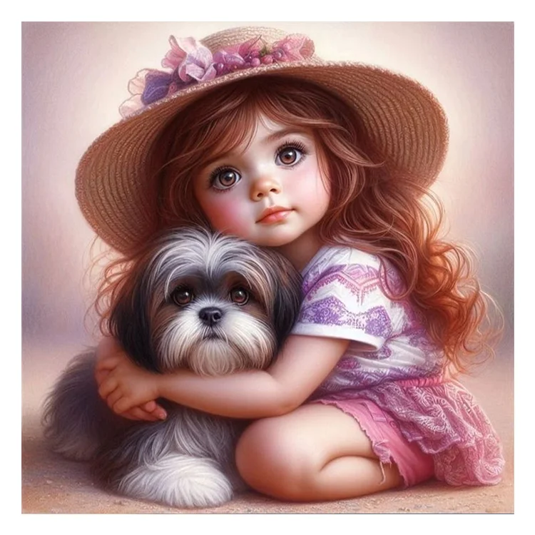 Full Round Diamond Painting - Cute Puppy And Big Eyes Girl 30*30CM
