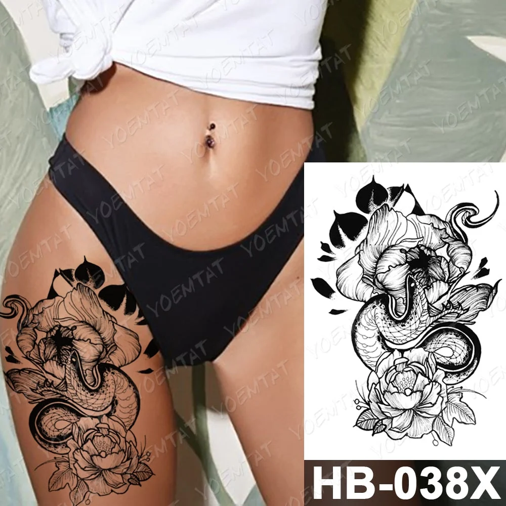Waterproof Temporary Tattoo Sticker Dark Snake Peony Flower Koi Old School Flash Tatto Women Men Body Art Arm Thigh Fake Tattoos