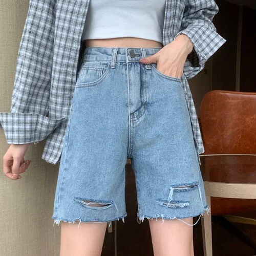 Shorts Women Loose Straight Knee-length Hole Ripped High-waist Denim Short Trousers Female All-match Casual Trendy Chic Ulzzang