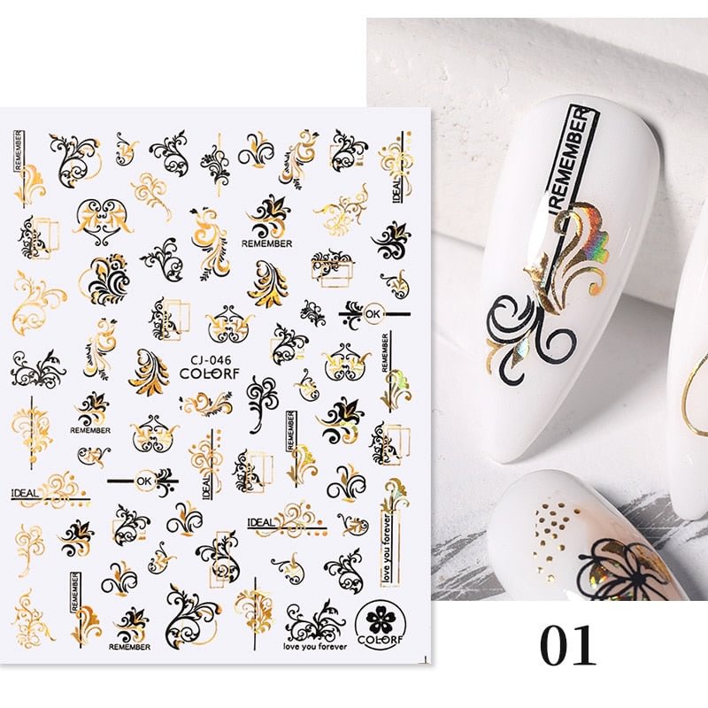 1 Pc White Gold Laser Leaves 3D Nail Stickers Leaf Cute Spring Sliders for Nails Flowers Adhesive Sticker Nail Art Design Decal