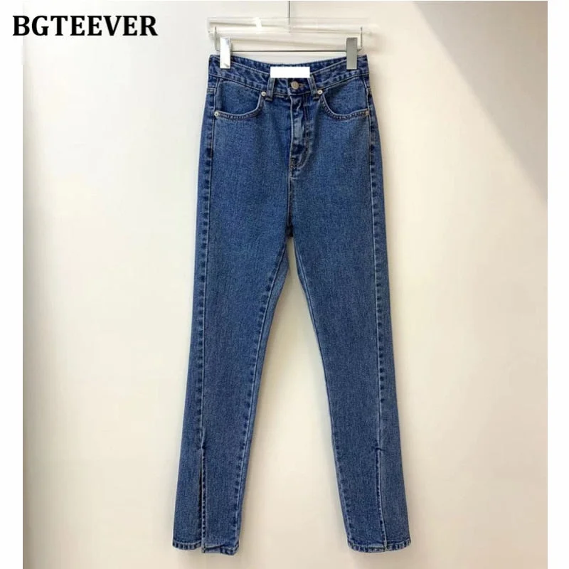 BGTEEVER Streetwear High Waist Denim Blue Women Jeans Summer Front Split Denim Pants Capris Femme Casual Long Female Jeans 2020
