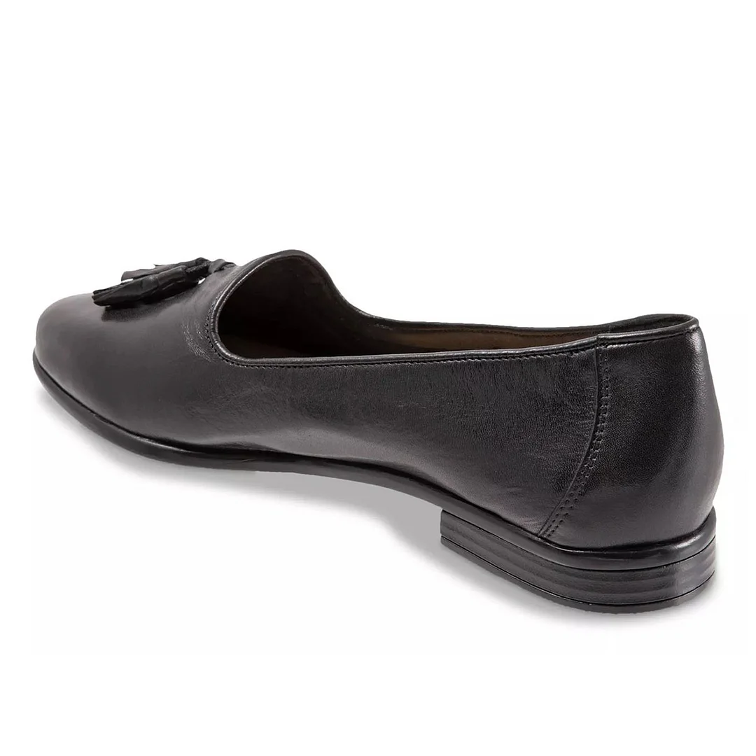 Black Vegan Leather Almond Toe Tassels Comfortable Flat Shoes Women