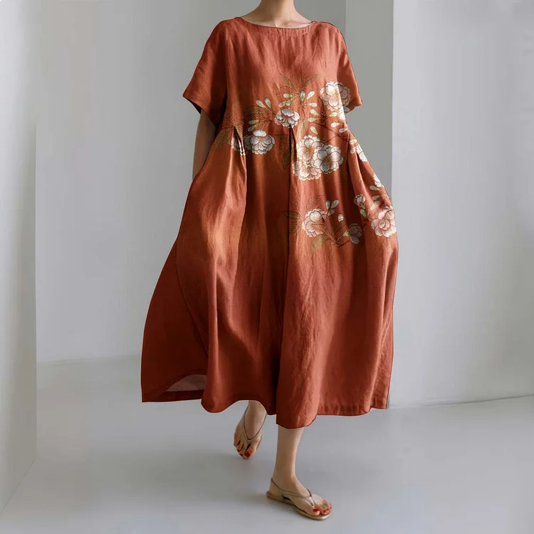 Vintage Floral Art Printed Linen Blend Midi Dress