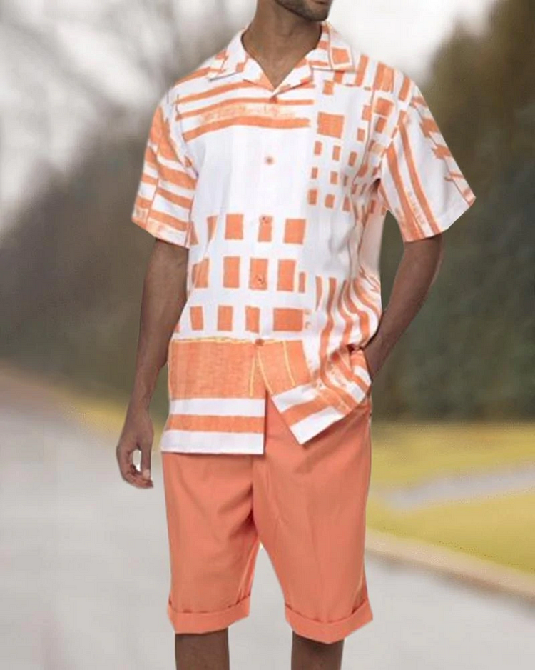 Two Piece Short Sleeve Print Walking Suit Set With Shorts