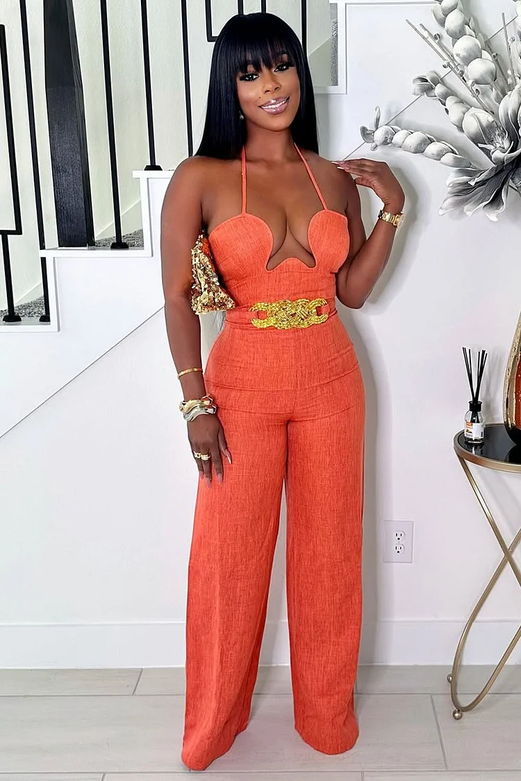Irregular Halter Neck Rhinestone Buckle Party Jumpsuit-Orange [Pre Order]