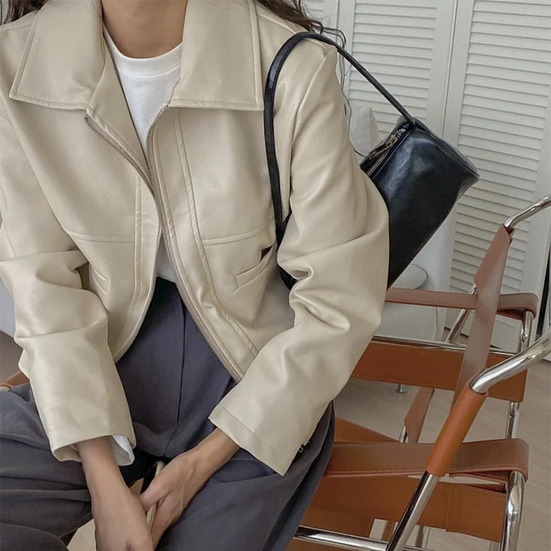 UForever21 Korean Fashion Faux Leather Jacket Ladies Autumn Winter 2022 Long Sleeve Turn Down Collar Streetwear Zipper PU Coat Women