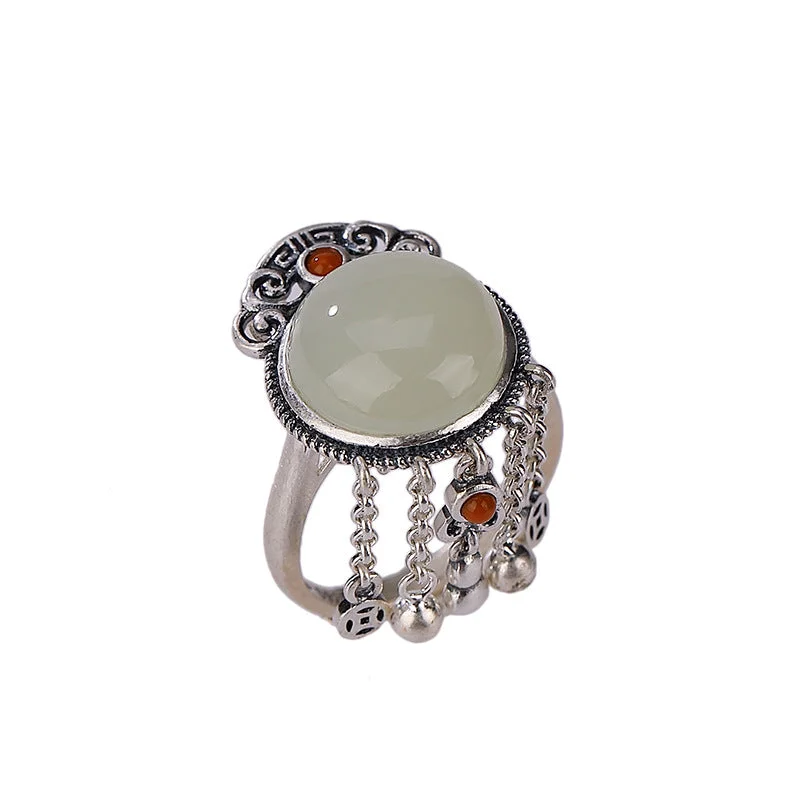 S925 Silver Hetian Jade Retro Tassel Ring