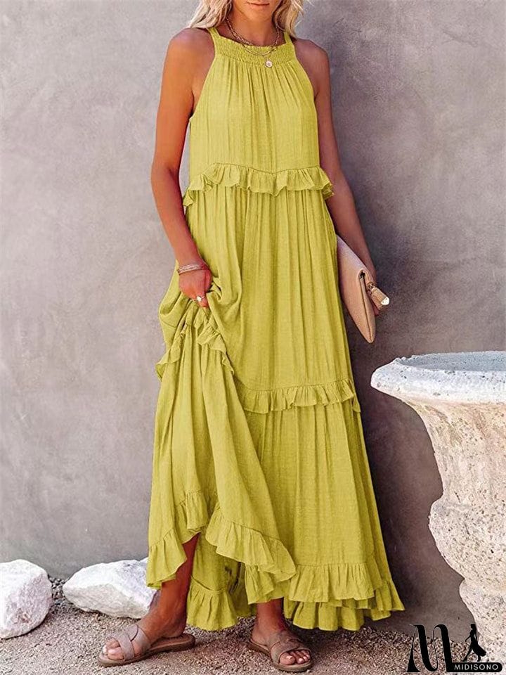 MidiSono - Romantic Ruffles Swing Sleeveless Halter Maxi Dress for Women