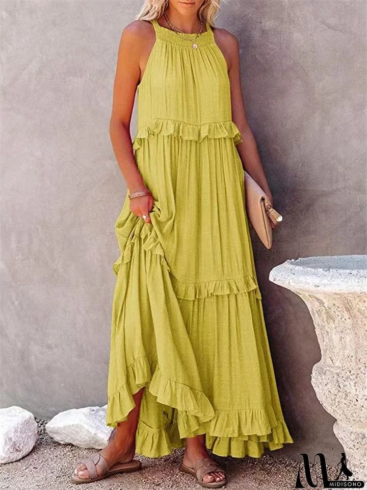 MidiSono - Romantic Ruffles Swing Sleeveless Halter Maxi Dress for Women