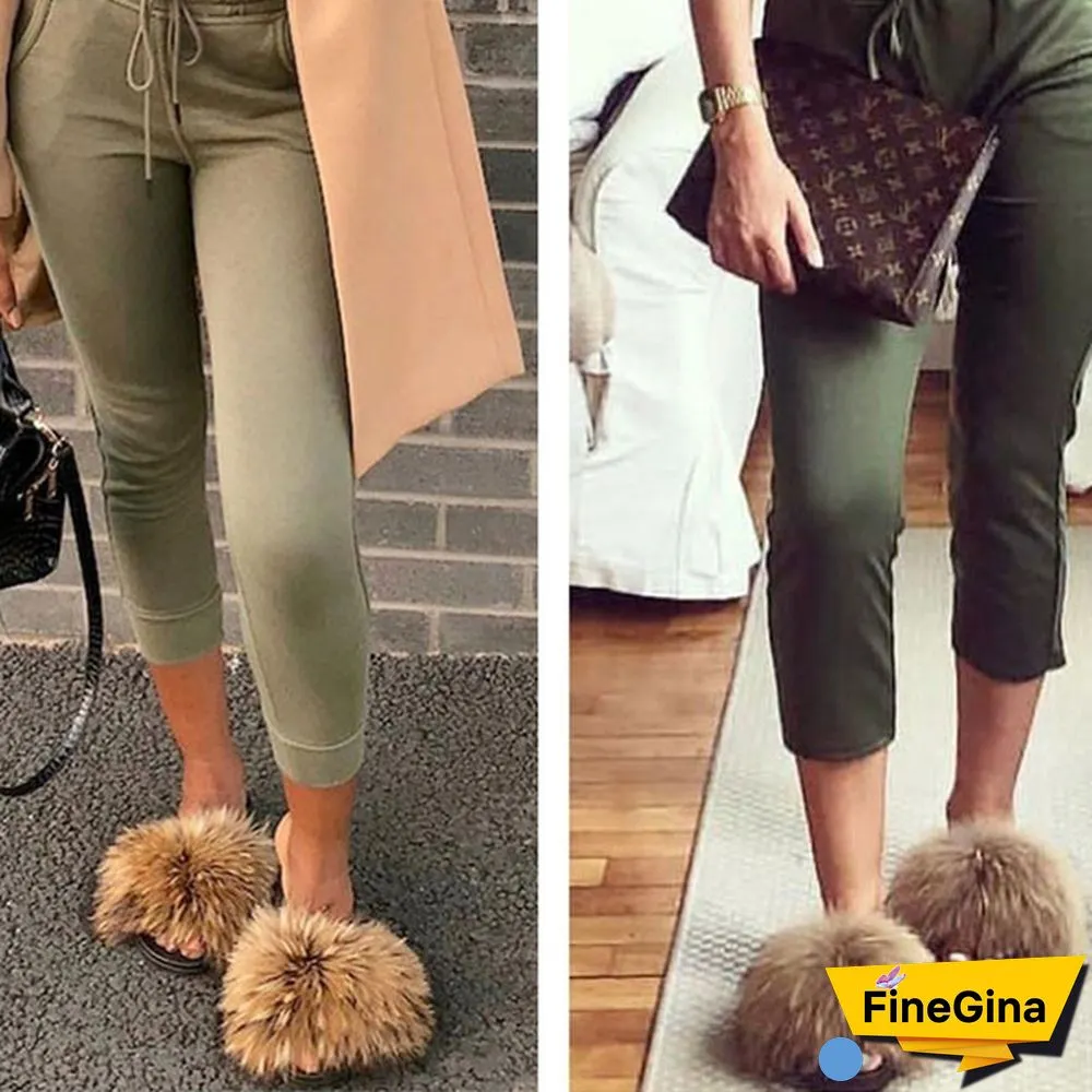 New Hot Fashion Ladies Girls Hairy Slippers Women Fox Fur Slippers Sandals Fluffy Fur Slides Beach Shoes Plus Size