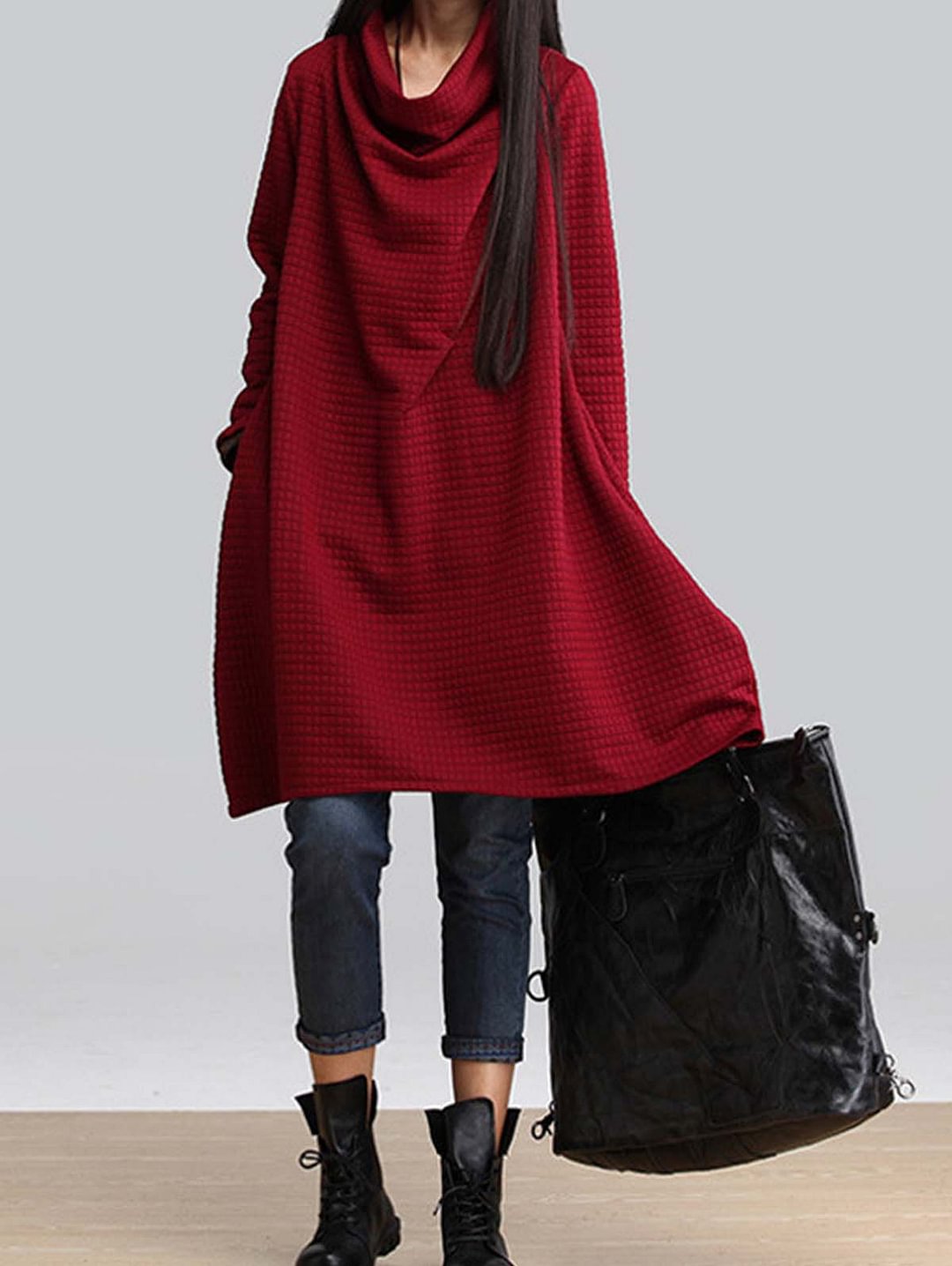 Solid Color Drape Neck Waffle Long Sleeve Dress