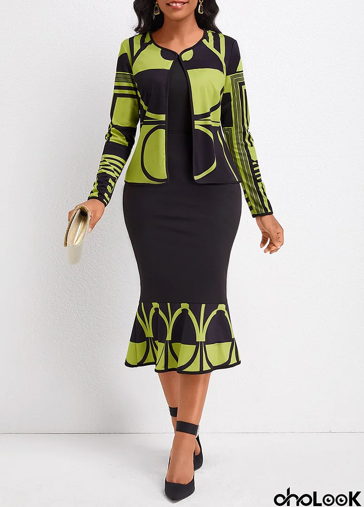 Avocado Green Mermaid Geometric Print Two Piece Suit Dress and Cardigan