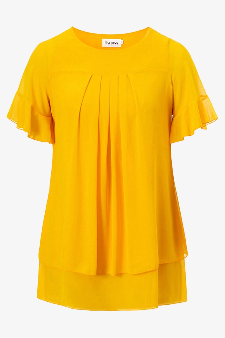 Flycurvy Plus Size Casual Yellow Chiffon Ruffle Sleeve Double Hem Round Neck Pleated Casual Blouses  flycurvy [product_label]