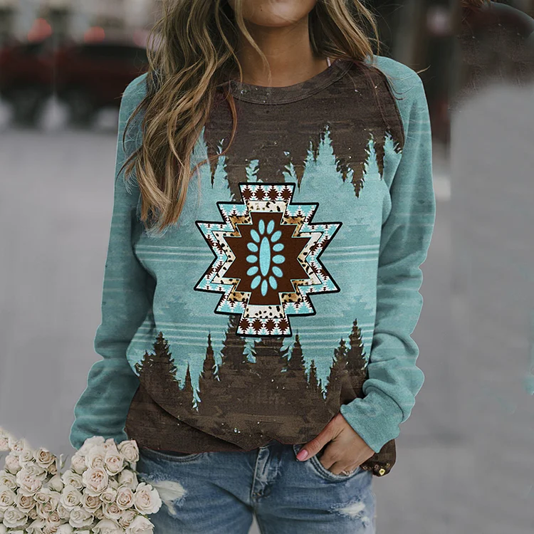 Geometry Ethnic Tribal Printed Round Neck Casual Sweatshirt