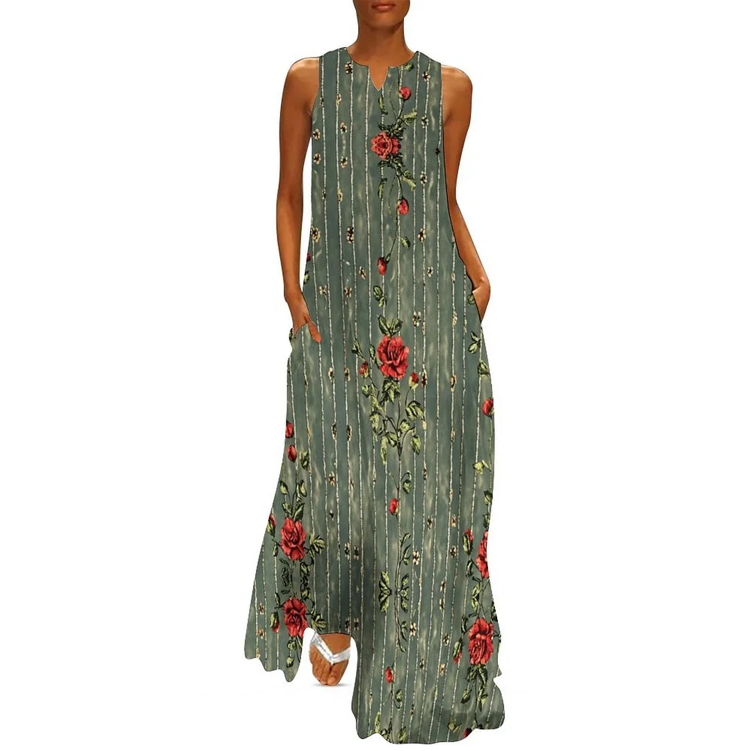 Style & Comfort for Mature Women Plus Size Printed Sleeveless Casual Women Maxi Dress with Pockets in Pattern Green, Floral, Red, Rose