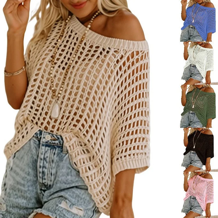 Top all&rsquo;uncinetto casual traforato a maniche 3/4