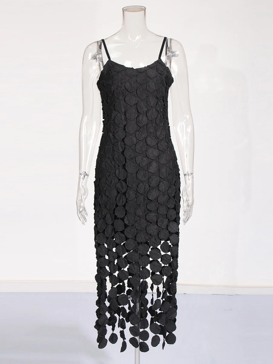 Uaang Sexy Style Slim Slings Long Skirt 2025 Summer New Embroidery Round Design Long Dress Woman