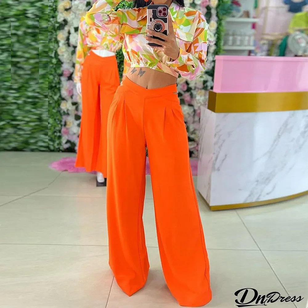 Autumn Women Printed Long Sleeve Top And Solid Color Pants Two Piece Set