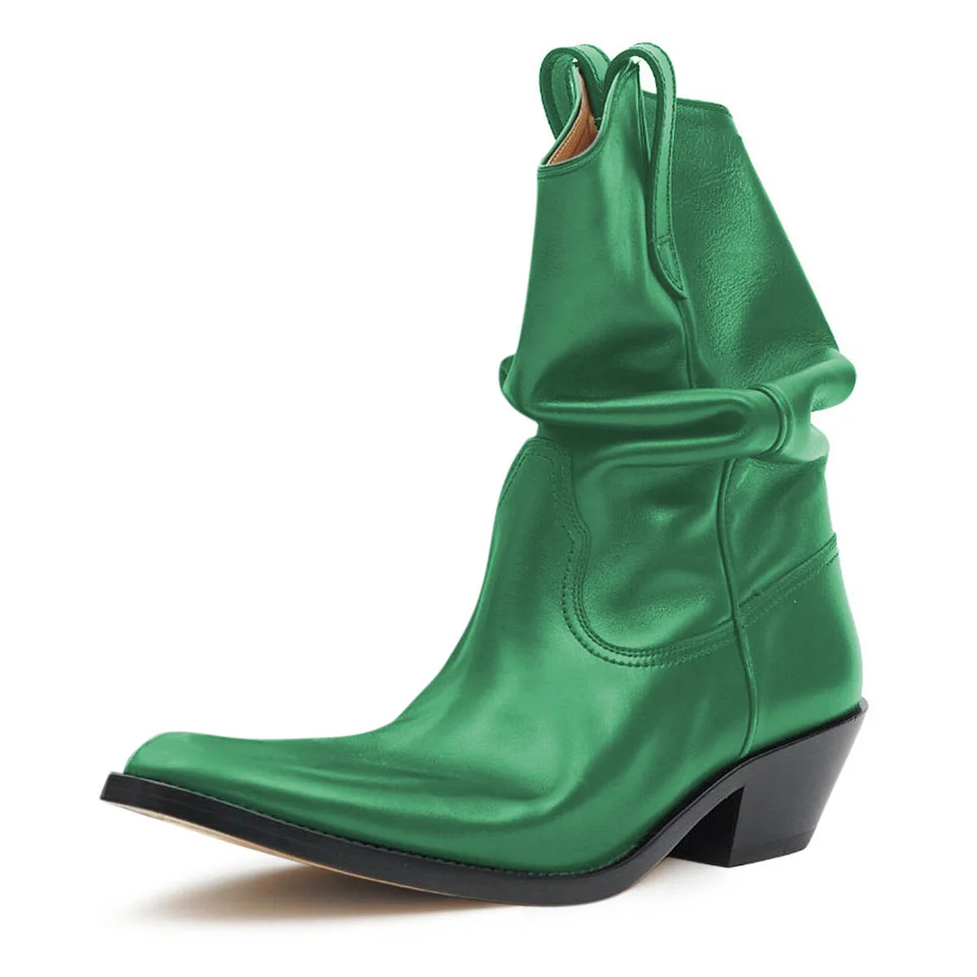 Shiny Green Almond Toe Side Loops Silhouette Boots with Block Heel