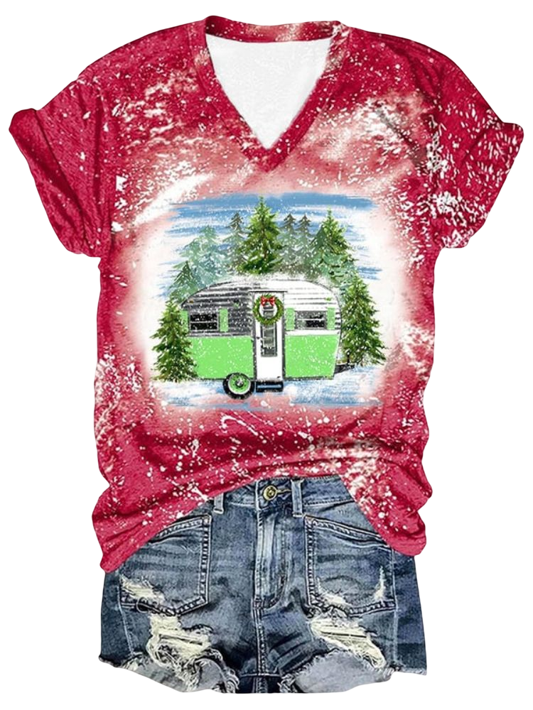 Wearshes Christmas Themed Car Print Tie Dye V Neck T Shirt