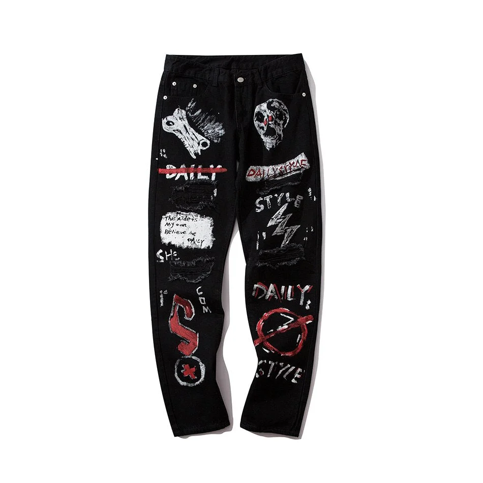 High Street Hole Retro Graffiti Black Skull Jeans Men's Original Straight Slim Punk Pants Calca Masculina Denim Trousers