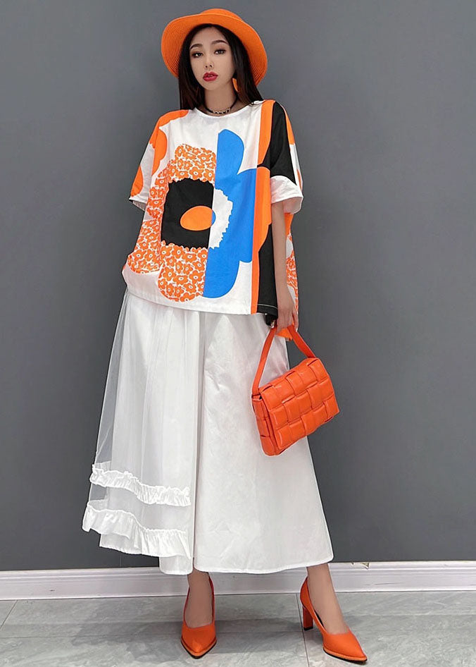 VCSHOES Orange Print Tulle Patchwork Cotton Tanks And A Line Skirts Two Pieces Set Summer