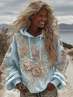 Women's Classic Romantic White Rose Embroidery Art Comfy Hoodie - Image 8