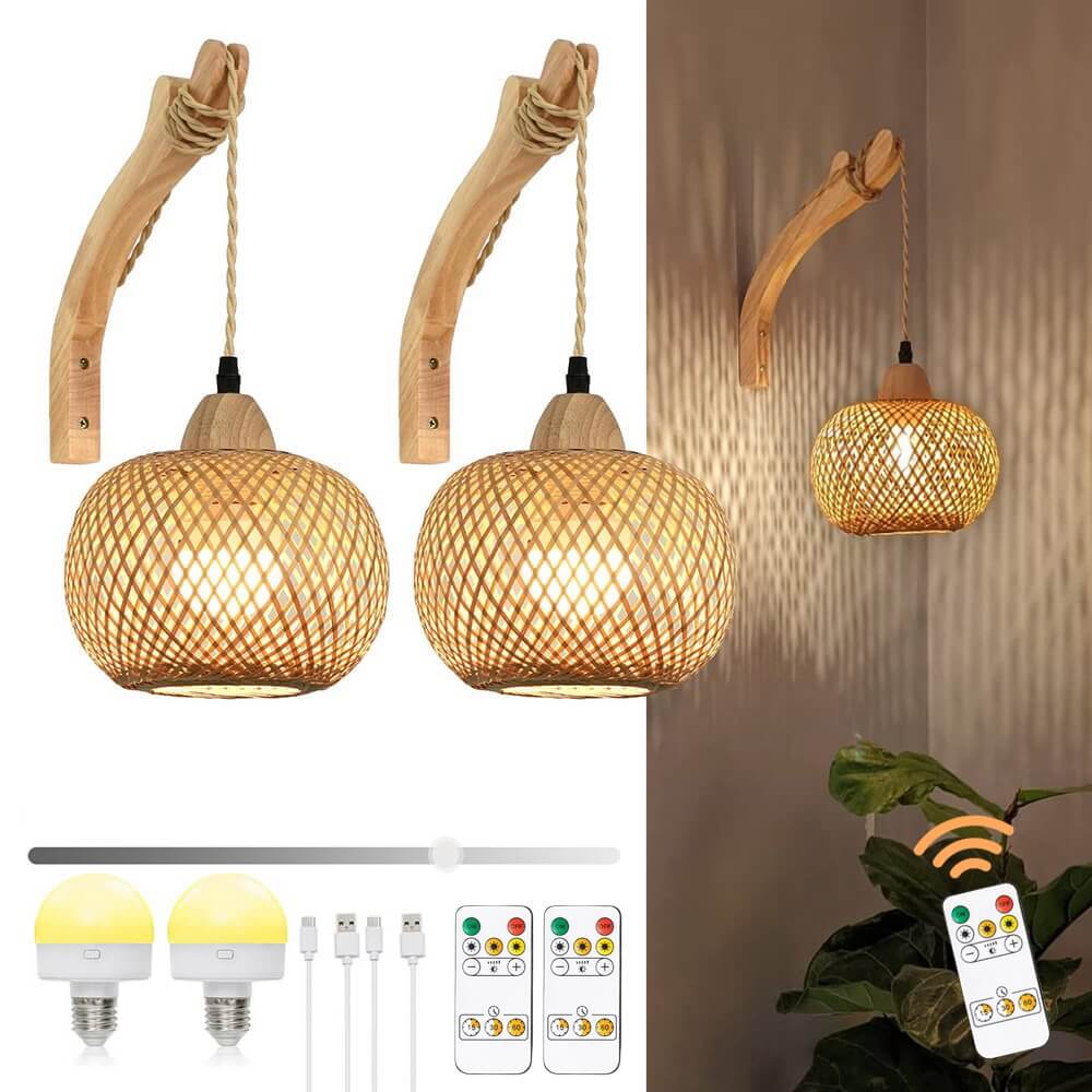 Wireless Bamboo Rattan Wall Light(2 Packs)