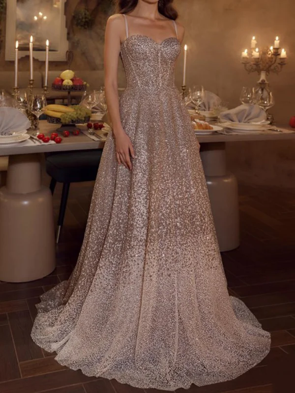 Shiny Sequinned gauze Sleeveless Spaghetti-Neck Evening Maxi Dresses
