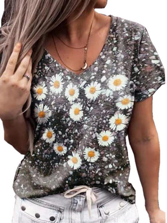 Women Short Sleeve V-neck Floral Printed Top