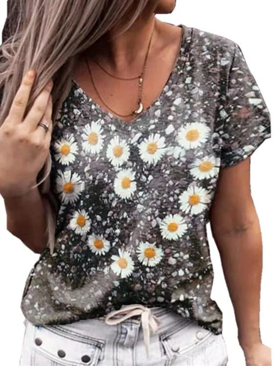 Women Short Sleeve V-neck Floral Printed Top