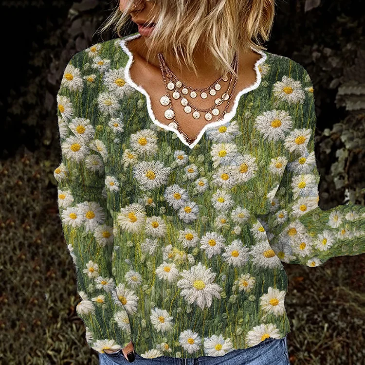 Women's Vintage Daisy Art Casual Crew Neck Sweater
