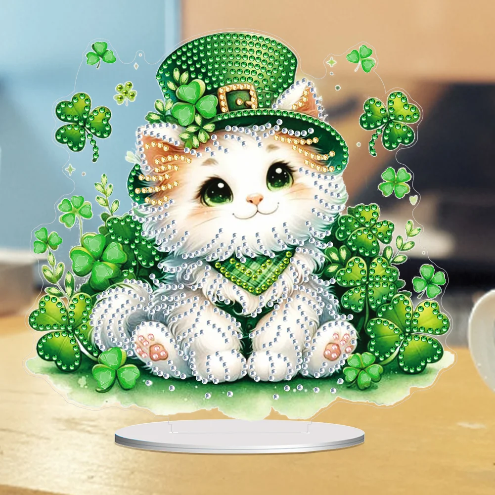DIY St. Patricks Day Cat Diamond Painting Tabletop Ornaments Bedroom Table Decor