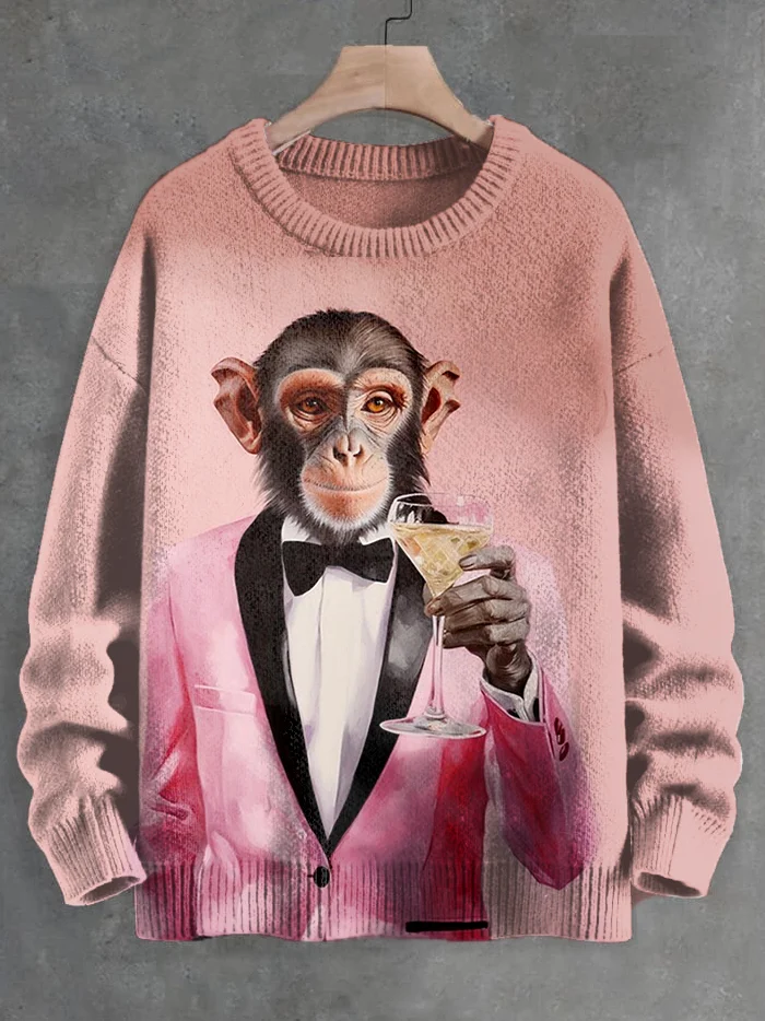 Men's Cheers Champagne Monkey Gentleman Oil Art Knit Sweatshirt