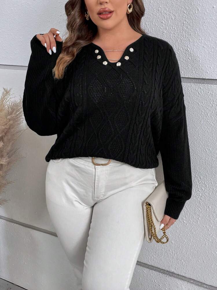 Plus Notched Neckline Drop Shoulder Sweater