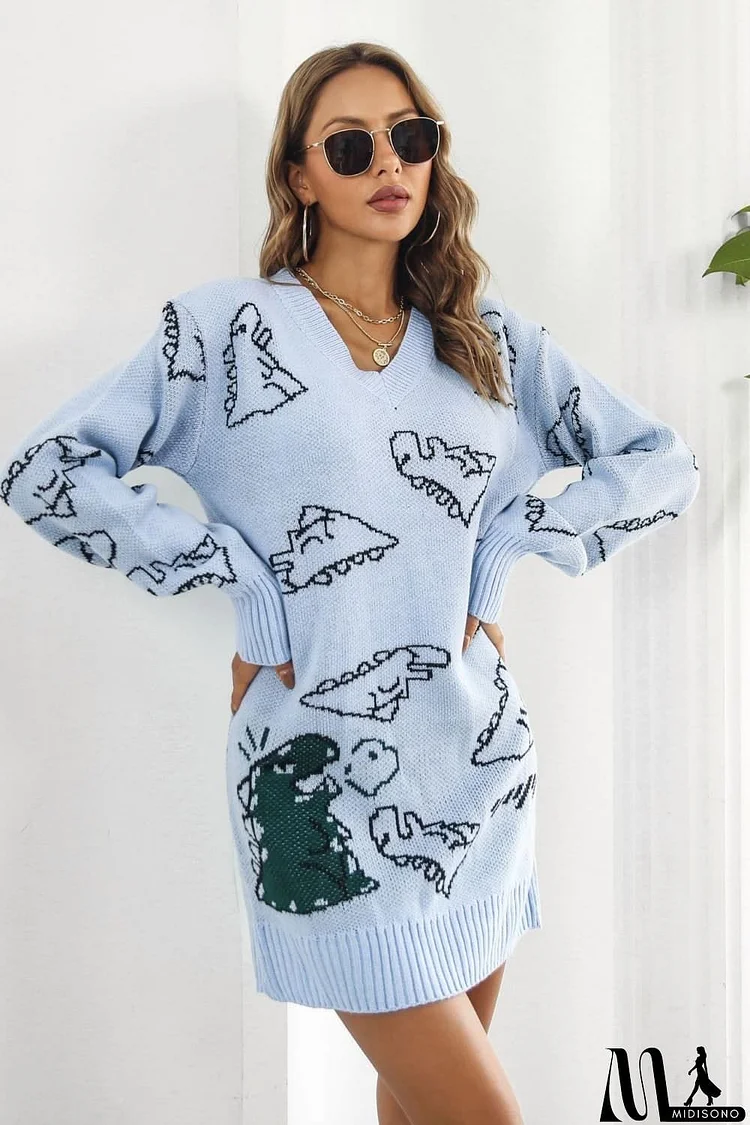 Dinosaur Pattern V-Neck Sweater Dress